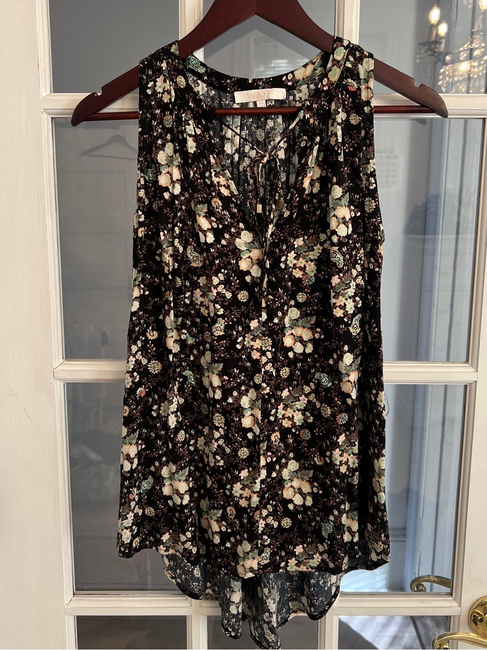 WAYF Women’s Black Floral Boho Tassel V Neck High Low Sleeveless Tunic Top XS